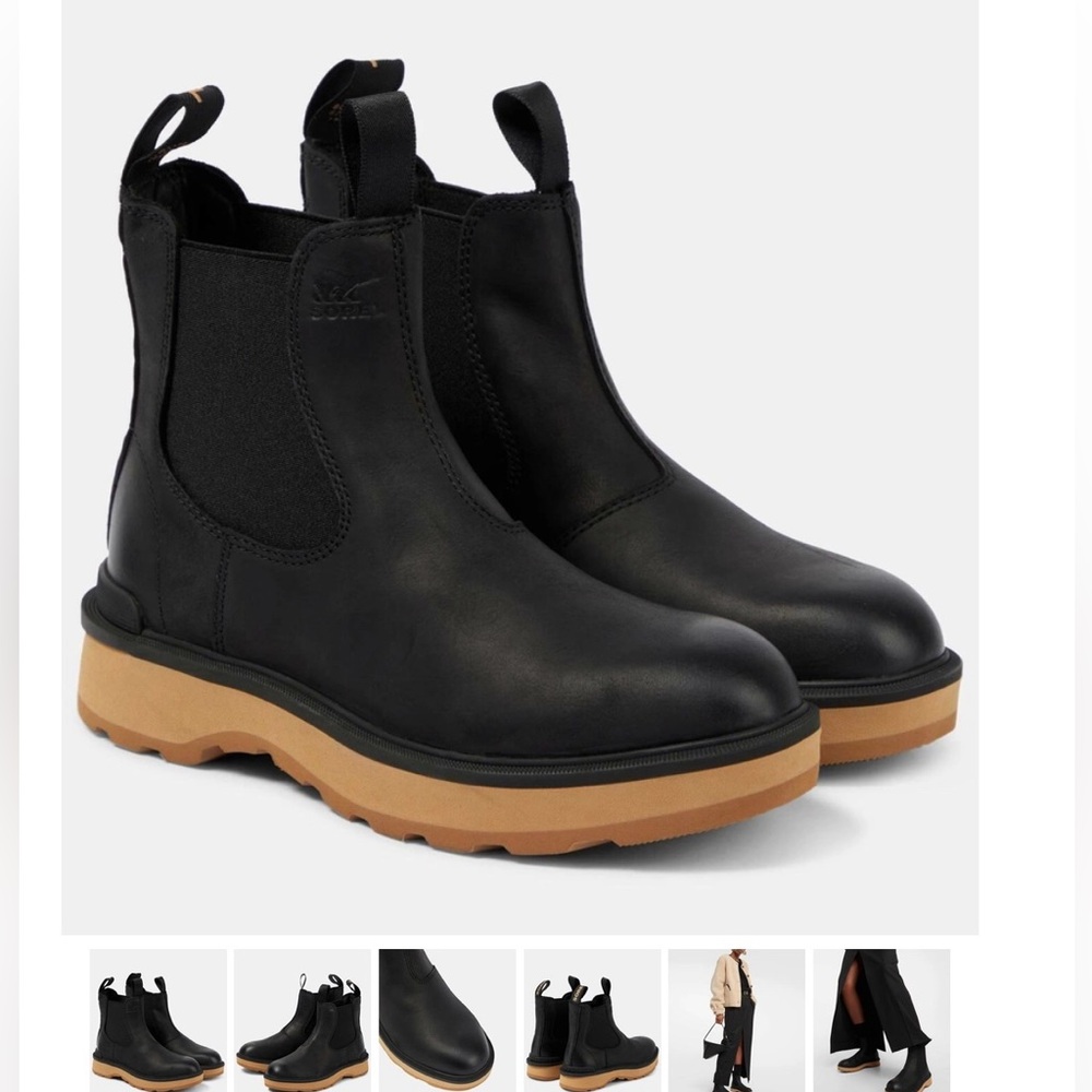 Sorel Black Leather Chelsea Ankle Boots with Tan Lug Sole